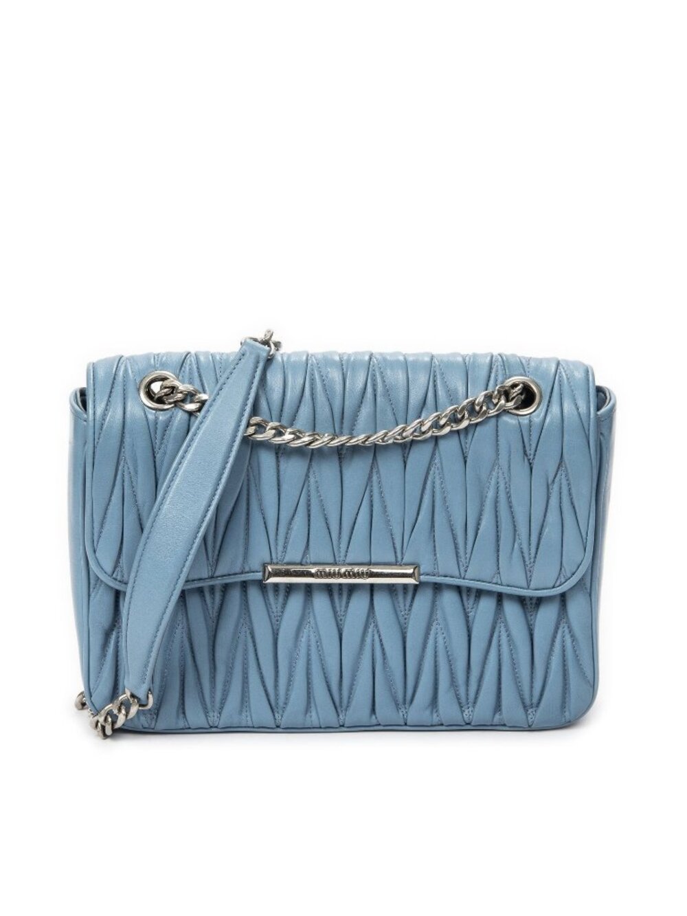 Miu Miu Frame Flap Chain Cross Belt Bag Blue Nappa Matelasse Leather